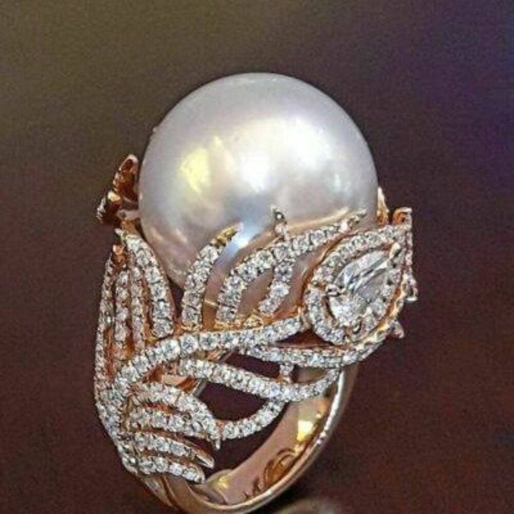 NIB Rose Gold Sz 10 CZ Diamond & Pearl Cocktail Statement Ring